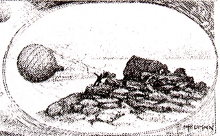 Dibujo en un diario mostrando a Andrée intentando controlar el Svea durante un fuerte viento. Wikimedia C.